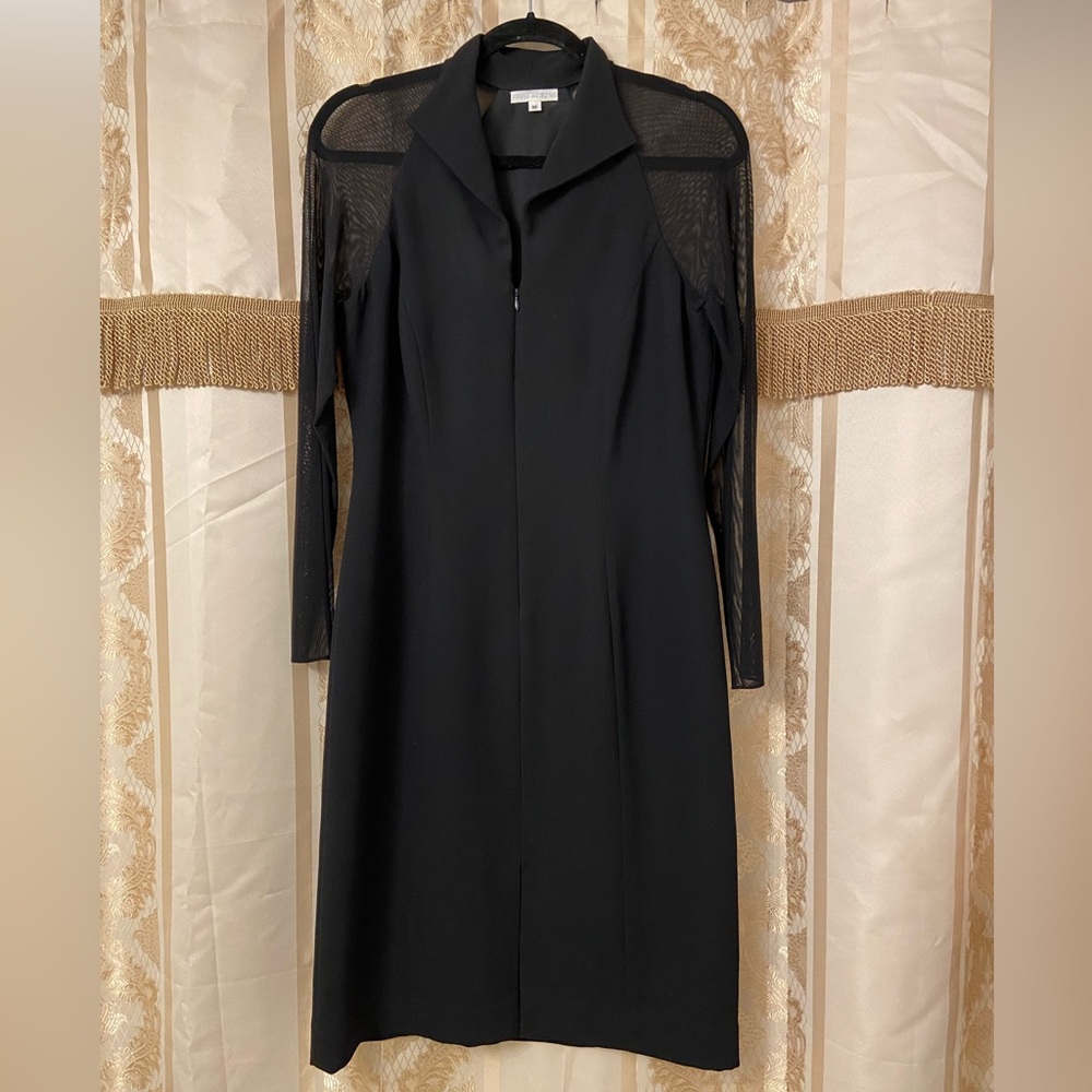 Frank Agostino black shift dress w/long sheer sleeves, size 10, runs small.
